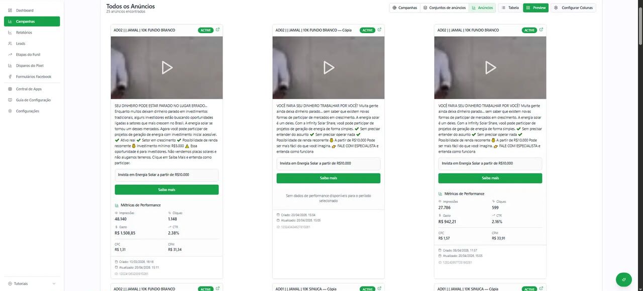 ClickMetrics — Preview de anúncios ativos com métricas