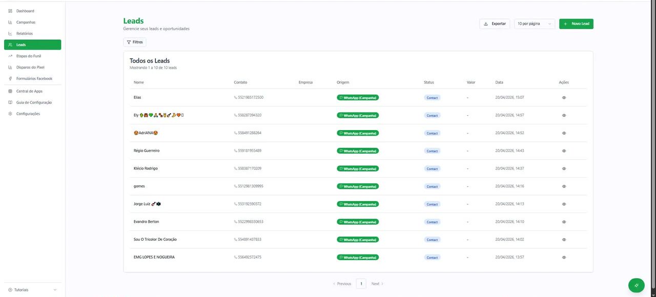ClickMetrics — Lista de leads captados via WhatsApp